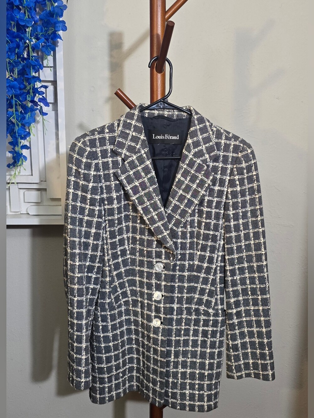 Louis Feraud Black and White 80s Windowpane Tweed Blazer Sz S